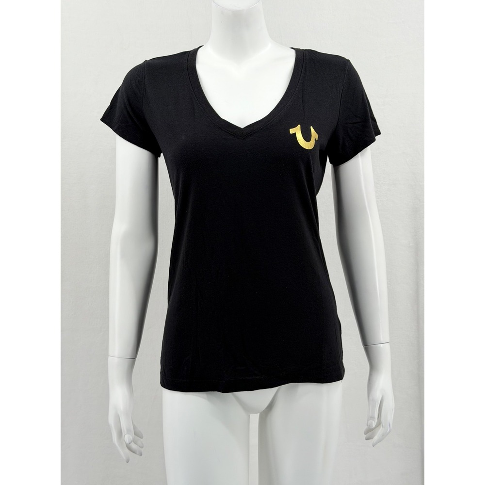True Religion Top Womens Medium Black Gold Foil Logo World Tour Graphic Y2K